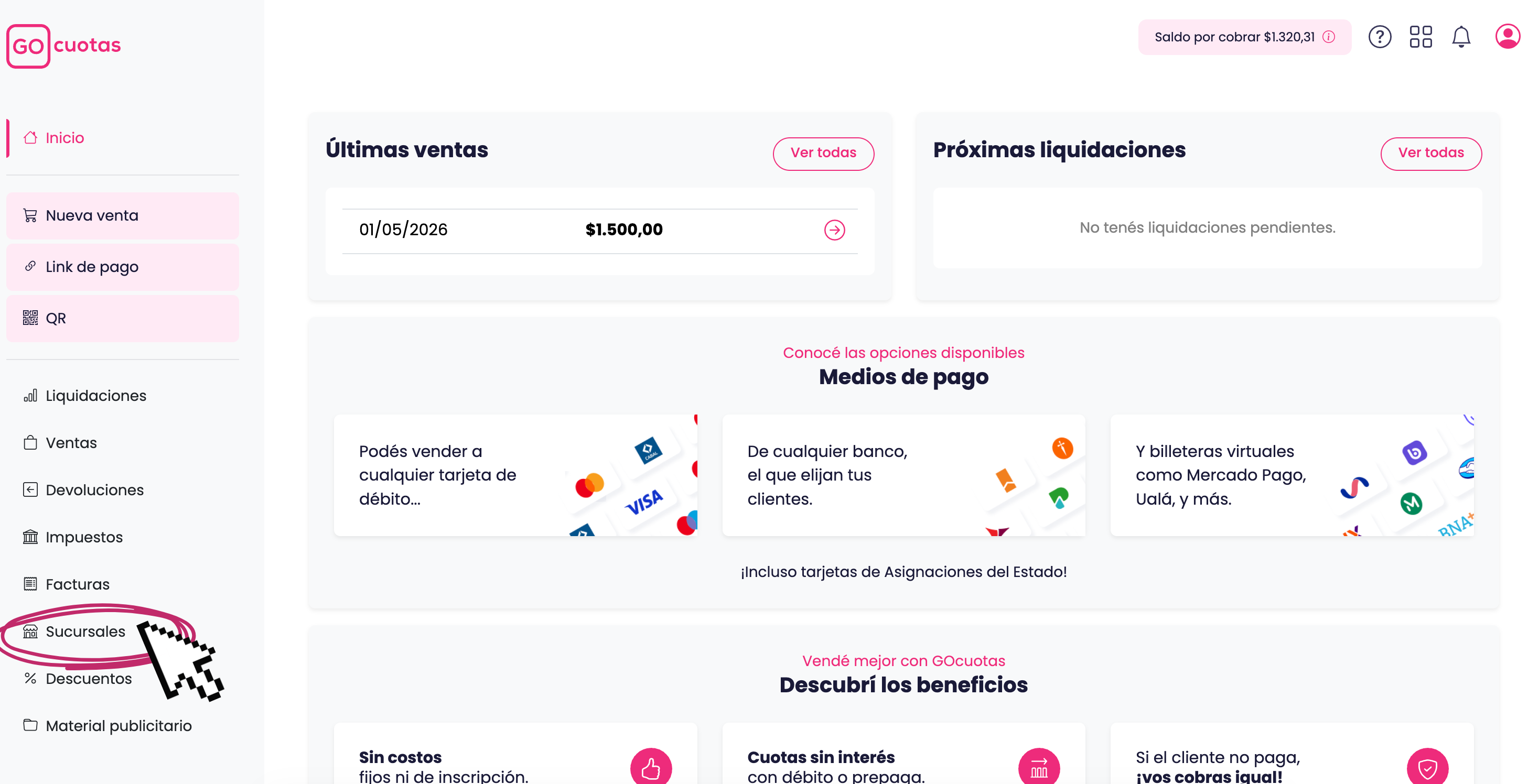 Sección Sucursales en el Dashboard de Go Cuotas con el botón Nueva para crear una sucursal